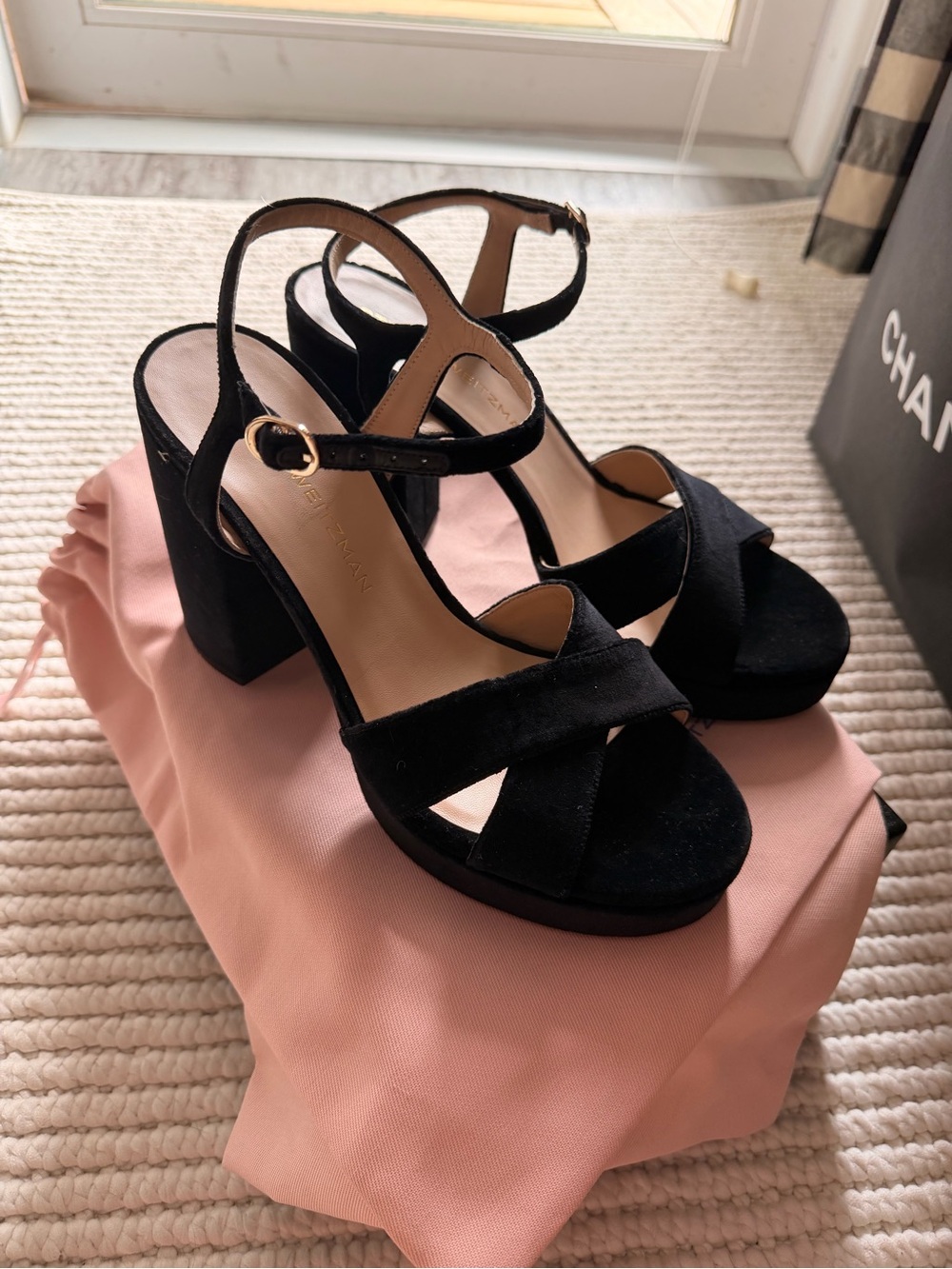 BRAND NEW Stuart Weitzman Black Suede Chunky Heel Sandals - Picture 2 of 5